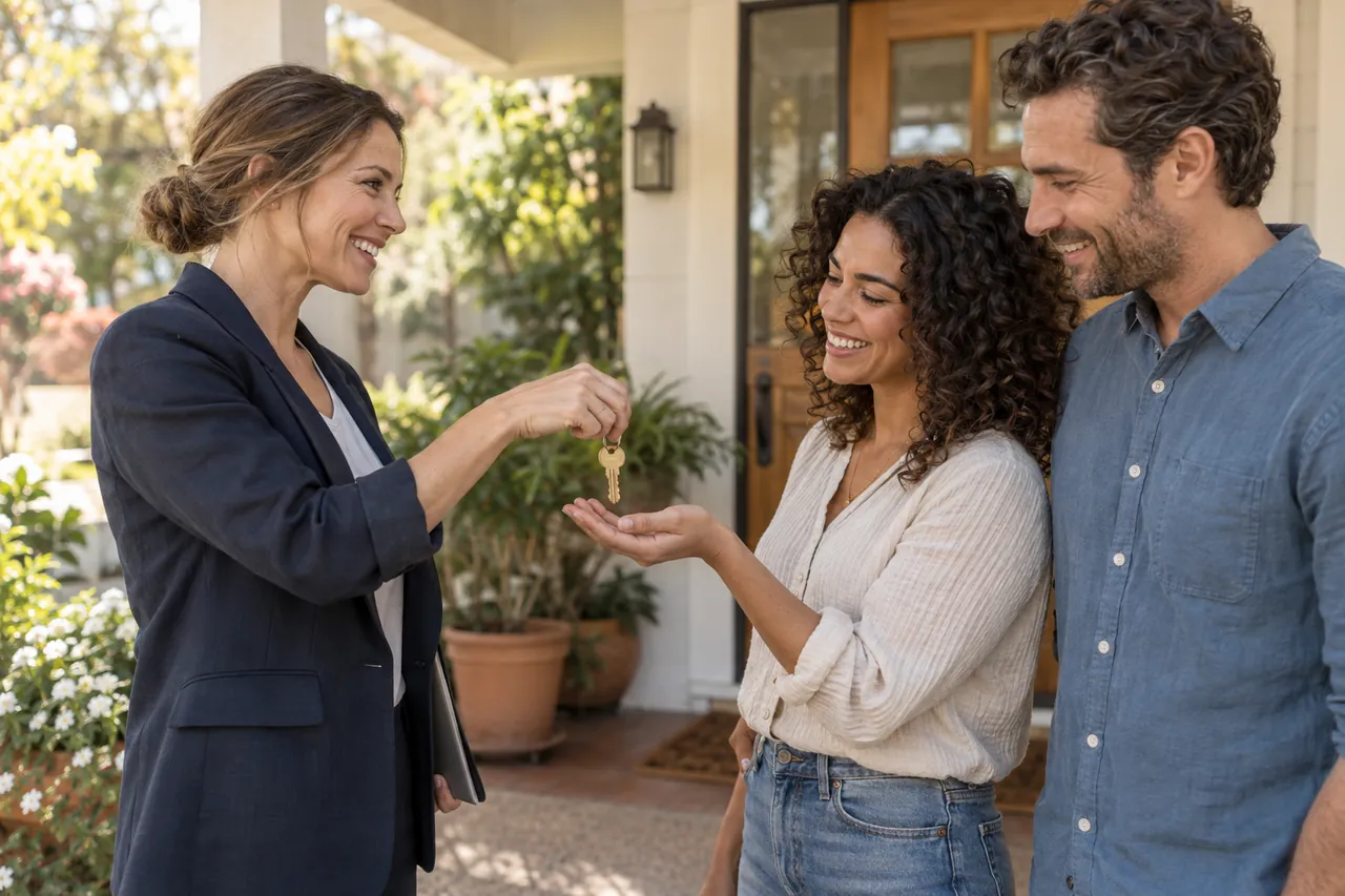 An imagined home handover: a realtor shares the keys with new homeowners.