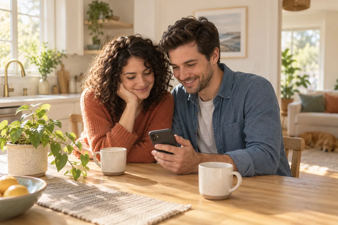 Fictional homeowners looking through home services together in their new kitchen.